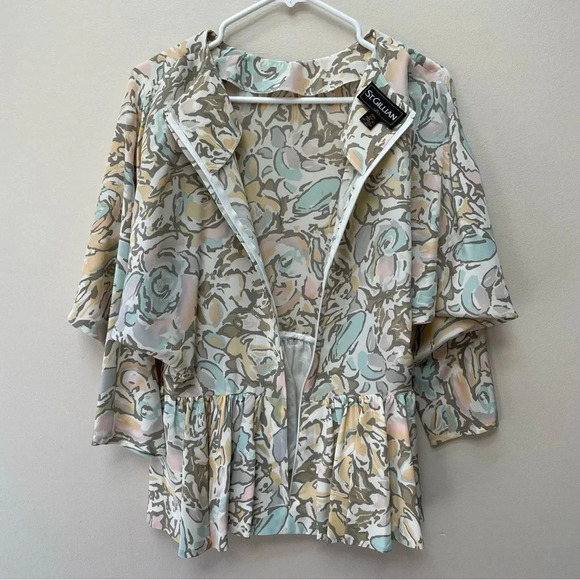 VTG St. Gillian 100% Silk Abstract Floral Dolman Sleeve Peplum Zip Top Size 12 - Picture 6 of 7